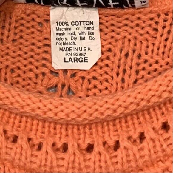 Vintage 80s Cotton Sweater Size Large Orange Roll Neck Hem Fisherman Dopamine - Picture 5 of 6